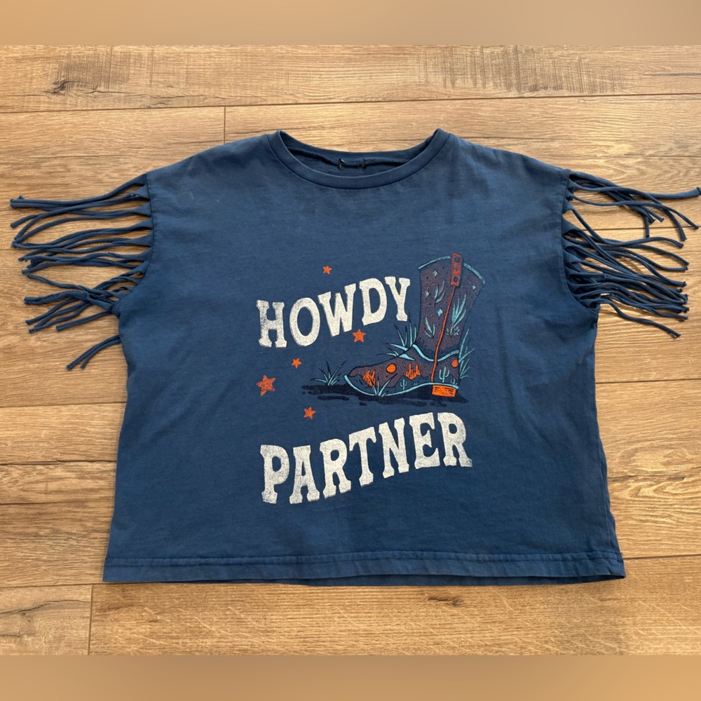 Blue Fringe T-Shirt with Western Design